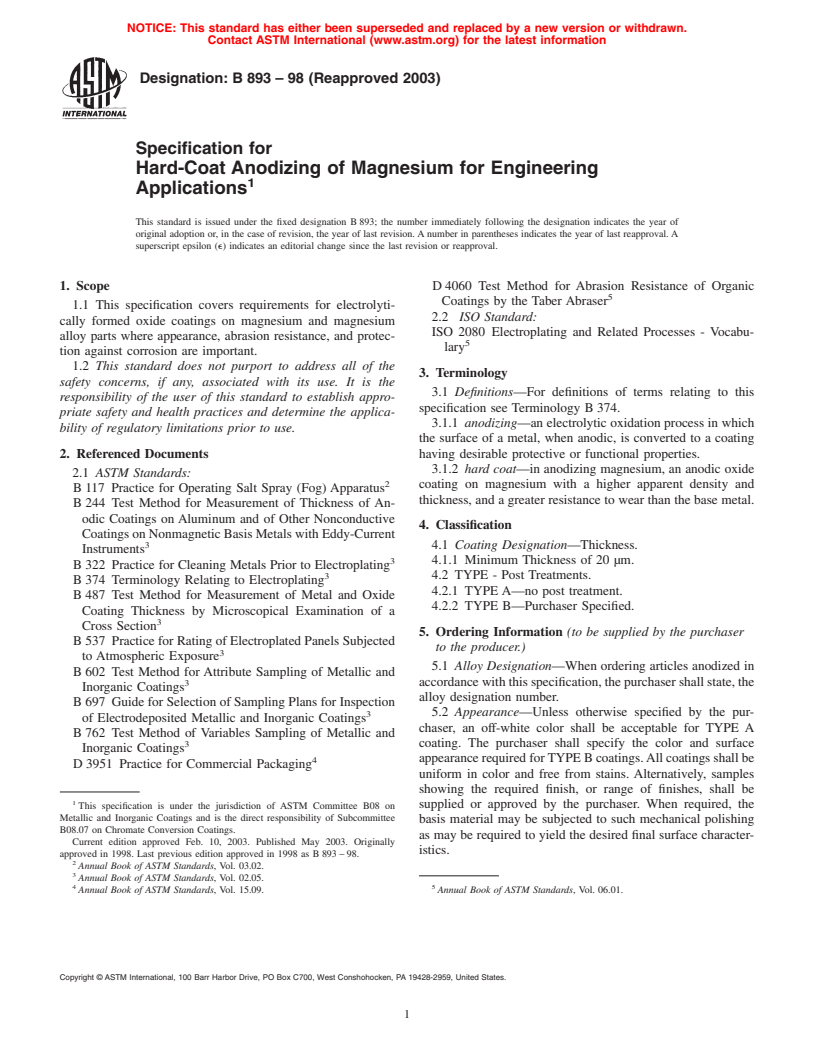 ASTM B893-98(2003) - Specification for Hard-Coat Anodizing of Magnesium for Engineering Applications