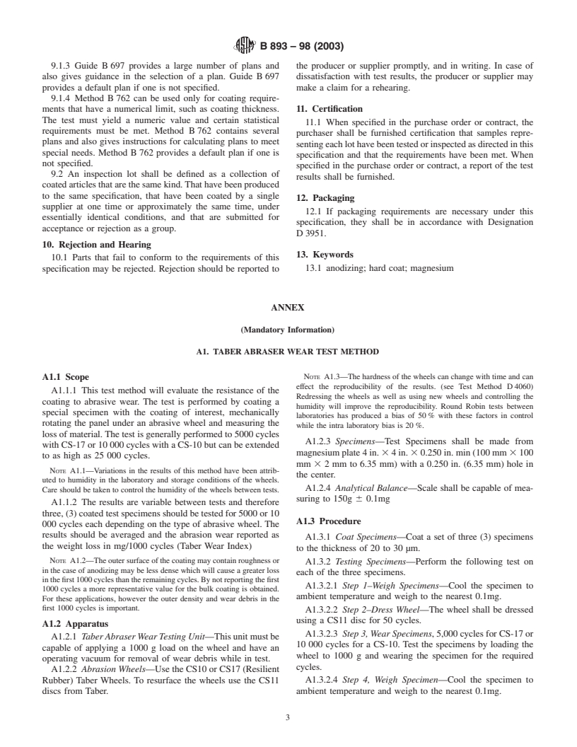 ASTM B893-98(2003) - Specification for Hard-Coat Anodizing of Magnesium for Engineering Applications