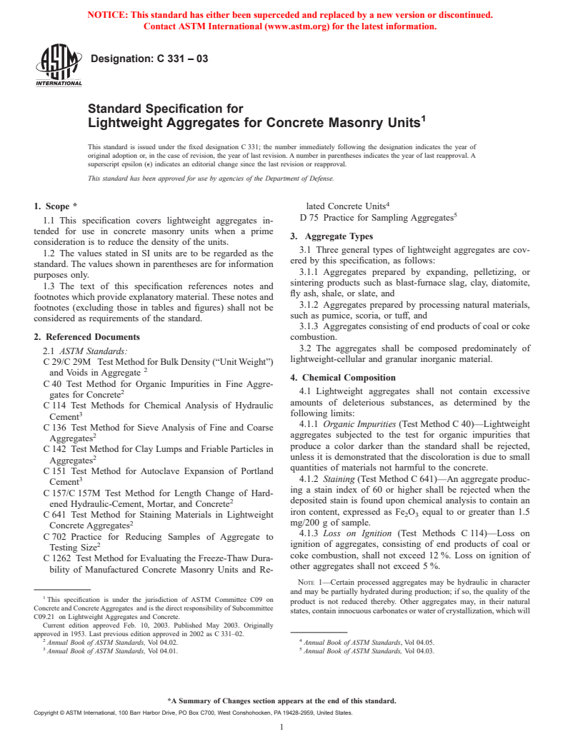 ASTM C331-03 - Standard Specification for Lightweight Aggregates for Concrete Masonry Units
