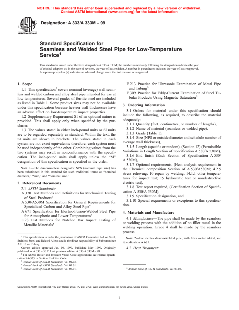 ASTM A333/A333M-99 - Standard Specification for Seamless and Welded Steel Pipe for Low-Temperature Service