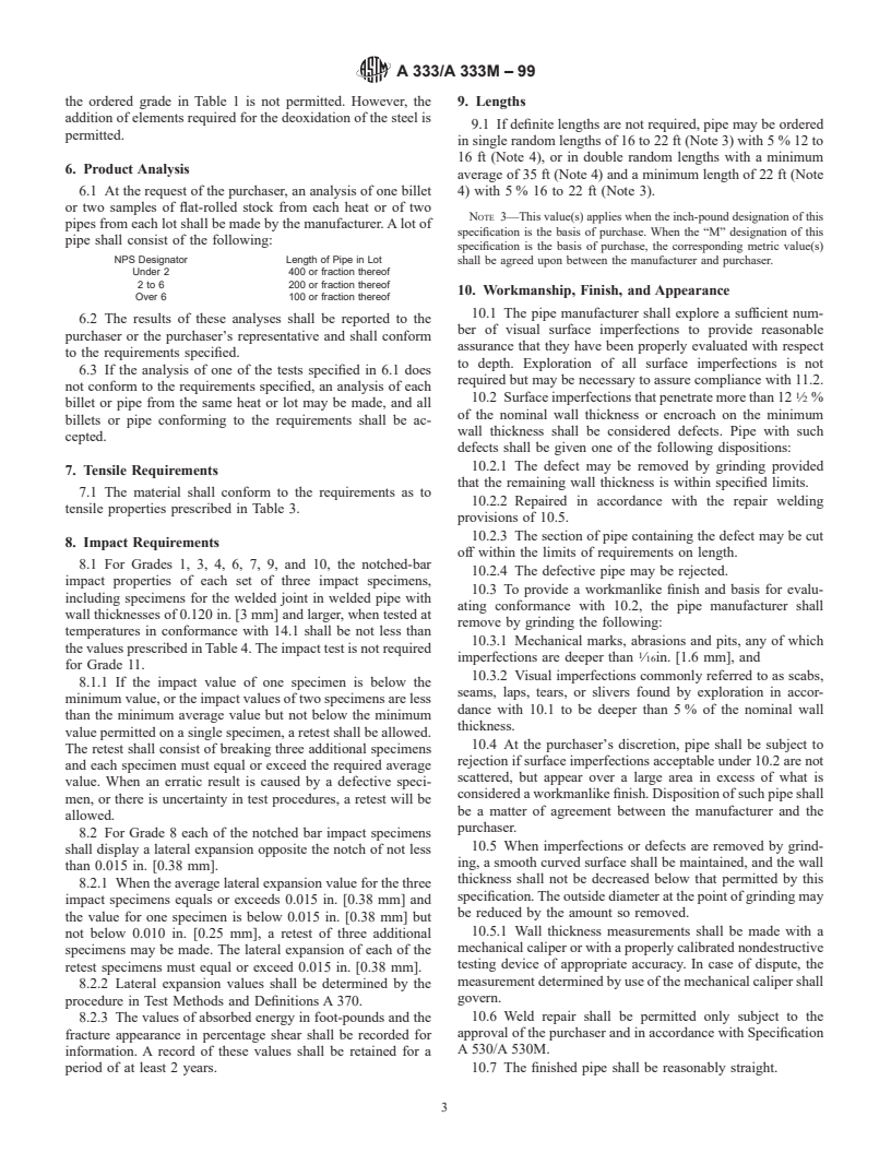 ASTM A333/A333M-99 - Standard Specification for Seamless and Welded Steel Pipe for Low-Temperature Service