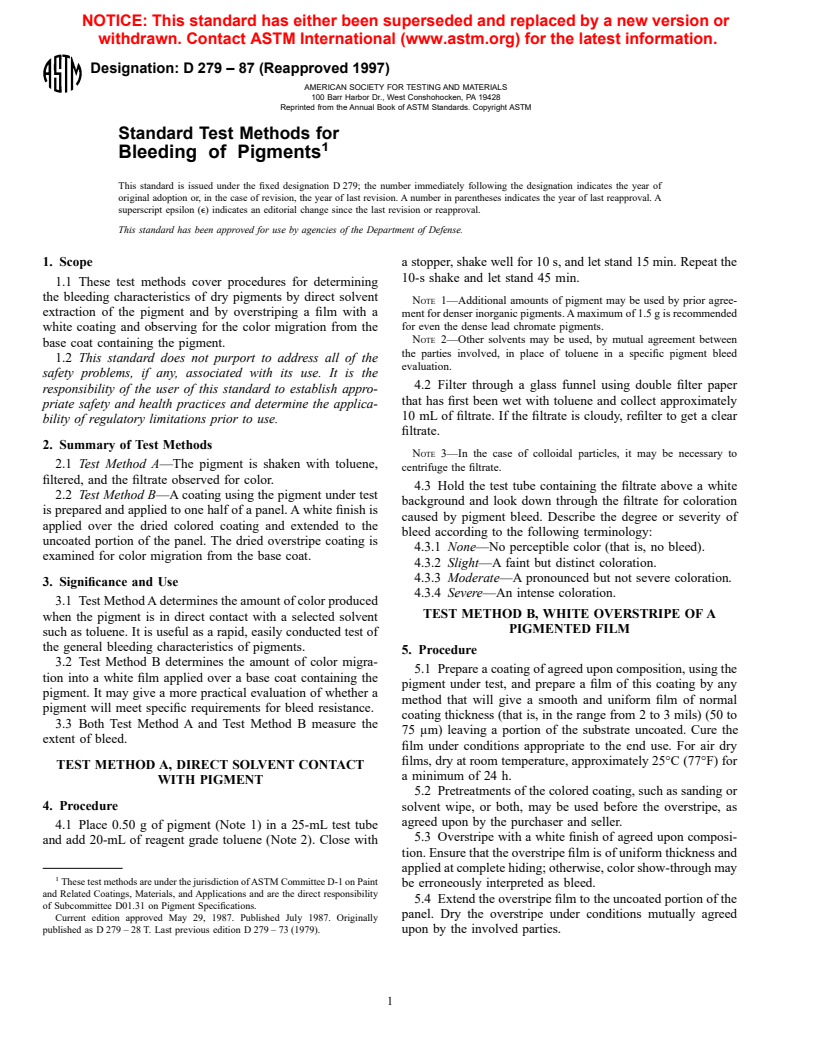 ASTM D279-87(1997) - Standard Test Methods for Bleeding of Pigments