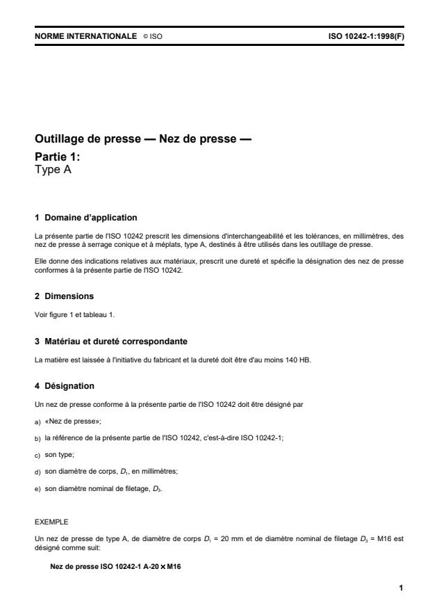 ISO 10242-1:1998 - Outillage de presse -- Nez de presse