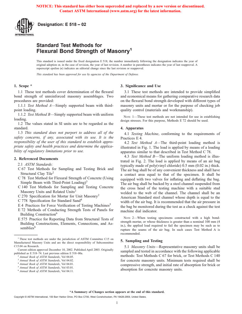 ASTM E518-02 - Standard Test Methods for Flexural Bond Strength of Masonry