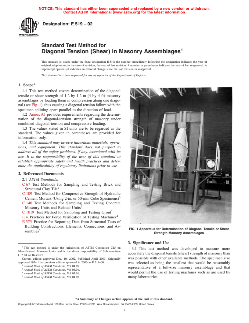 ASTM E519-02 - Standard Test Method for Diagonal Tension (Shear) in Masonry Assemblages