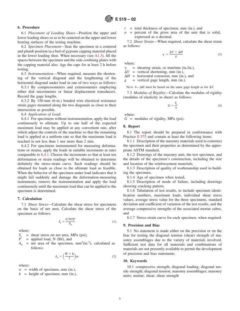 ASTM E519-02 - Standard Test Method for Diagonal Tension (Shear) in Masonry Assemblages