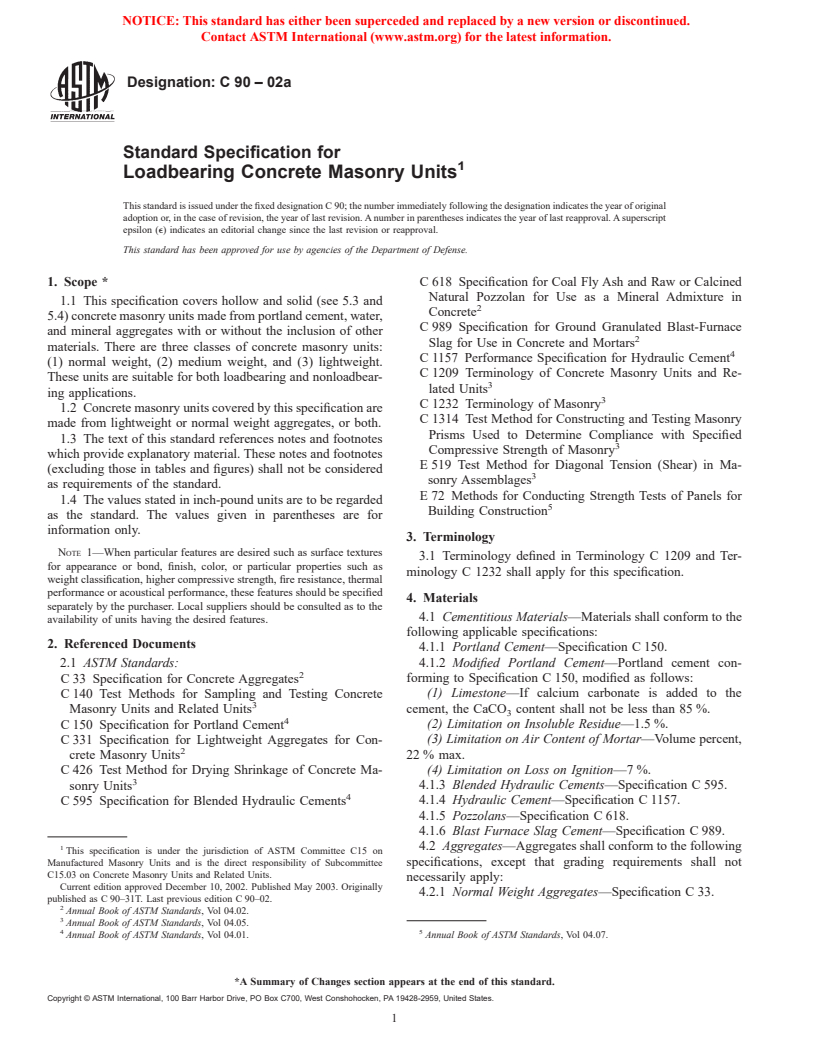 ASTM C90-02a - Standard Specification for Loadbearing Concrete Masonry Units