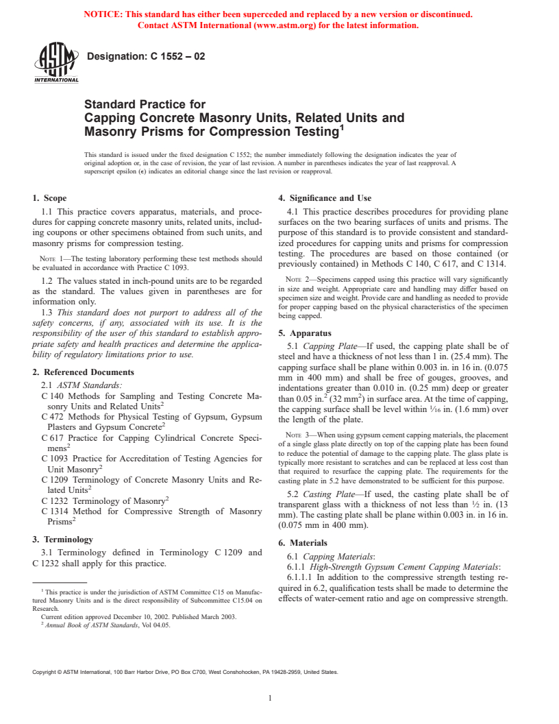 ASTM C1552-02 - Standard Practice for Capping Concrete Masonry Units, Related Units and Masonry Prisms for Compression Testing