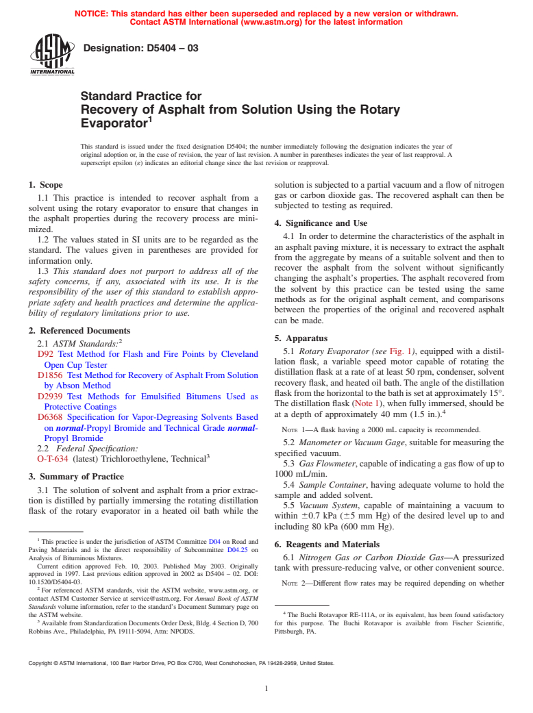 ASTM D5404-03 - Standard Practice for Recovery of Asphalt from Solution Using the Rotary Evaporator