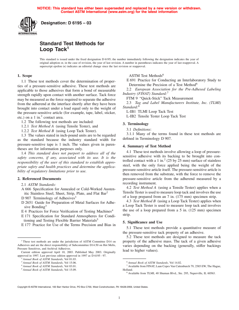 ASTM D6195-03 - Standard Test Methods for Loop Tack