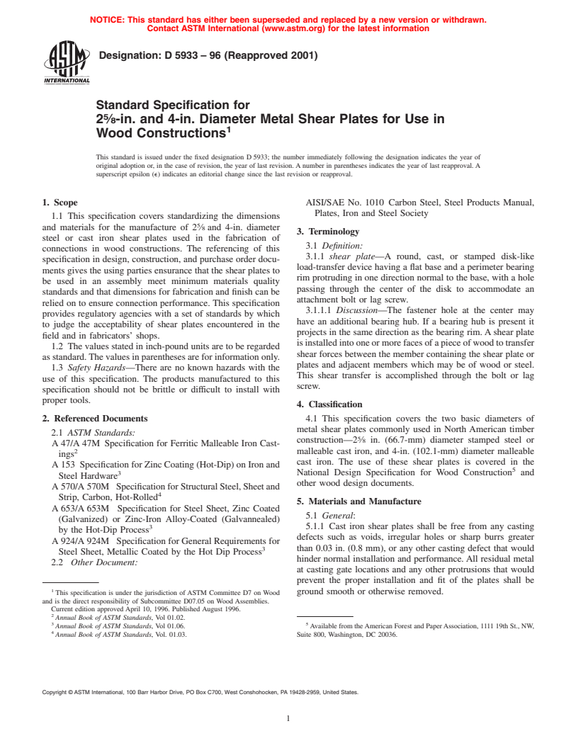 ASTM D5933-96(2001) - Standard Specification for 2 5/8-in. and 4-in. Diameter Metal Shear Plates for Use in Wood Constructions