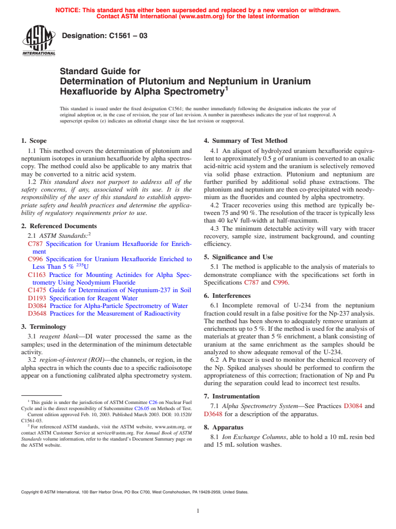 ASTM C1561-03 - Standard Guide for Determination of Plutonium and Neptunium in Uranium Hexafluoride by Alpha Spectrometry