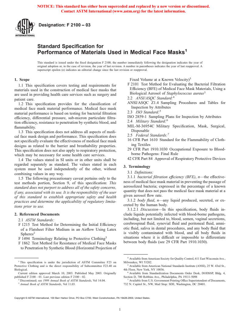 ASTM F2100-03 - Standard Specification for Performance of Materials Used in Medical Face Masks