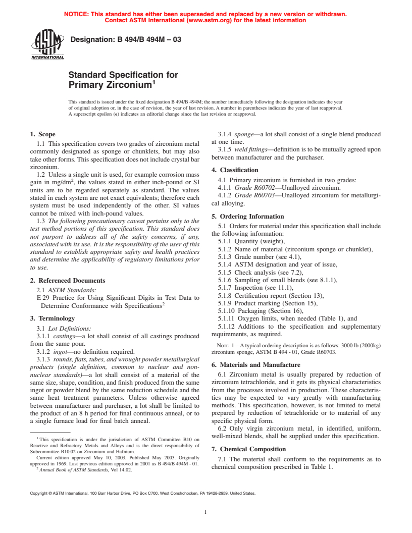 ASTM B494/B494M-03 - Standard Specification for Primary Zirconium