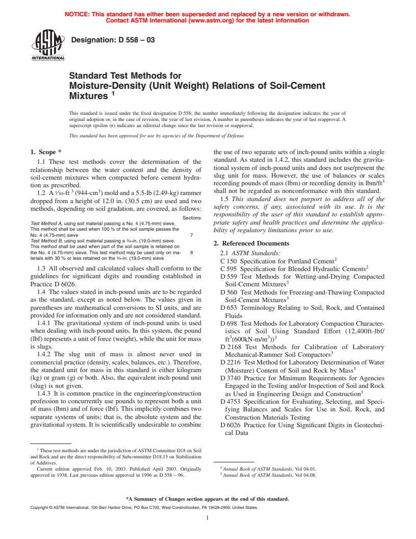 ASTM D558-03 - Standard Test Methods for Moisture-Density (Unit Weight) Relations of Soil-Cement Mixtures