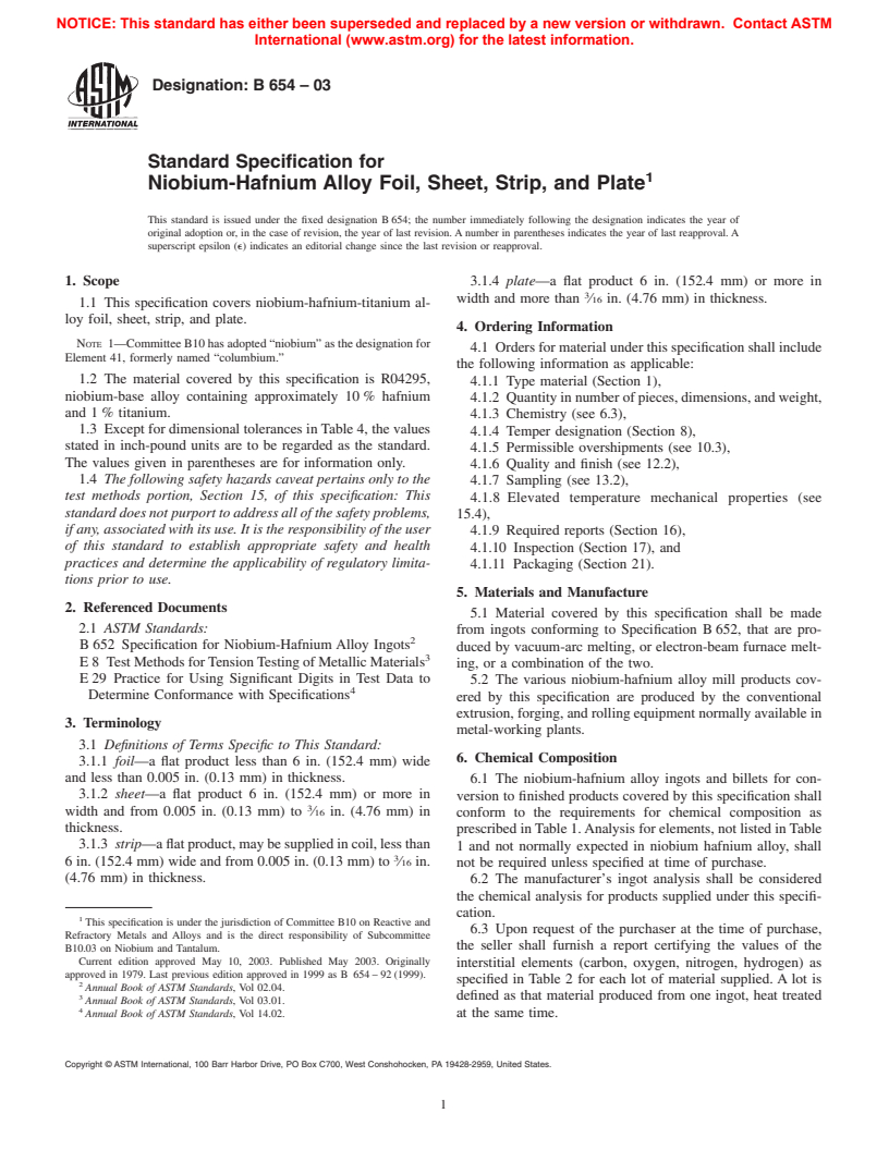 ASTM B654-03 - Standard Specification for Niobium-Hafnium Alloy Foil, Sheet, Strip, and Plate