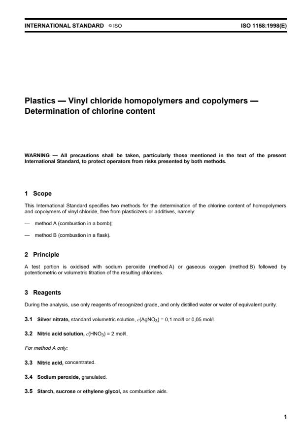 ISO 1158:1998 - Plastics -- Vinyl chloride homopolymers and copolymers -- Determination of chlorine content