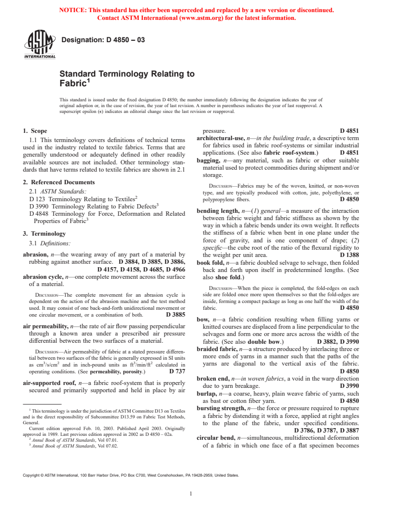 ASTM D4850-03 - Standard Terminology Relating to Fabric