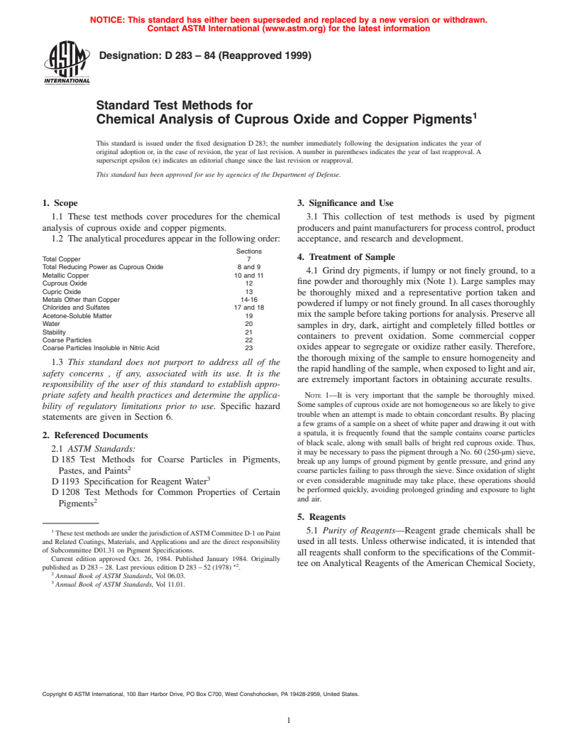 ASTM D283-84(1999) - Standard Test Methods for Chemical Analysis of Cuprous Oxide and Copper Pigments (Withdrawn 2008)