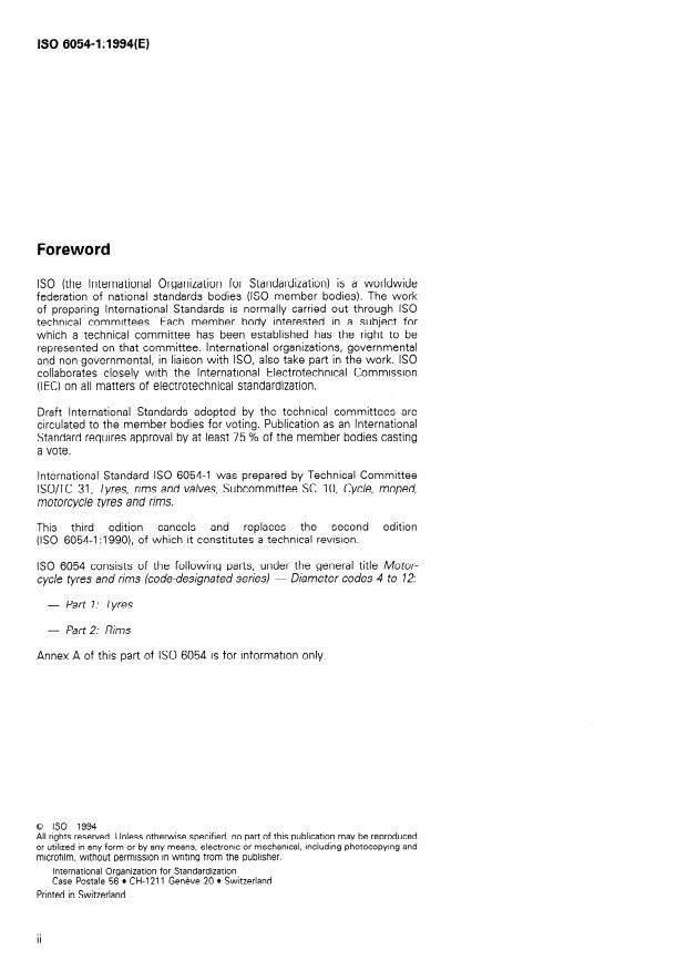 ISO 6054-1:1994 ISO 6054-1:1994 - Motorcycle tyres and rims (Code-designated series) -- Diameter codes 4 to 12 - Page 2 preview