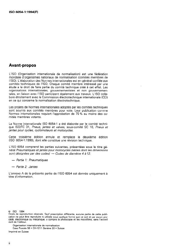 ISO 6054-1:1994 ISO 6054-1:1994 - Pneumatiques et jantes pour motocycles (séries dont les dimensions sont désignées par des codes) -- Codes de diametre 4 a 12 - Page 2 preview