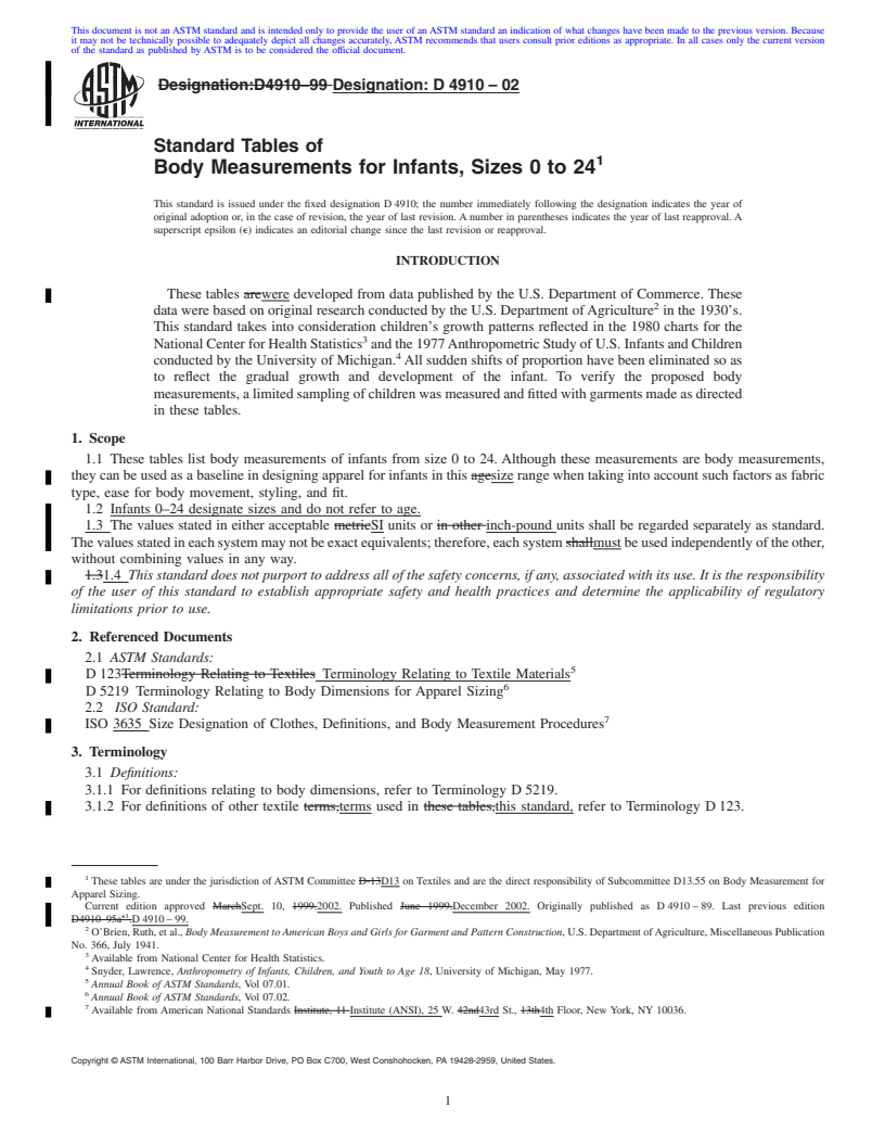 REDLINE ASTM D4910-02 - Standard Tables of Body Measurements for Infants, Sizes 0 to 24