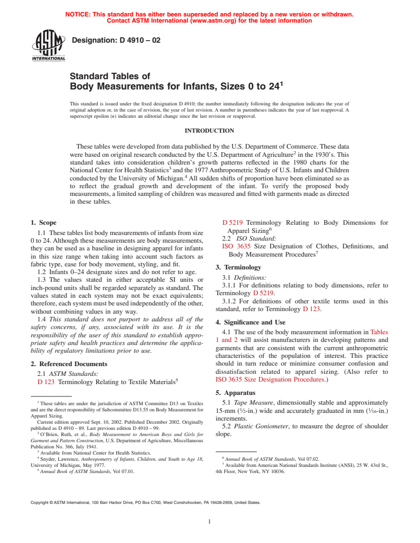 ASTM D4910-02 - Standard Tables of Body Measurements for Infants, Sizes 0 to 24