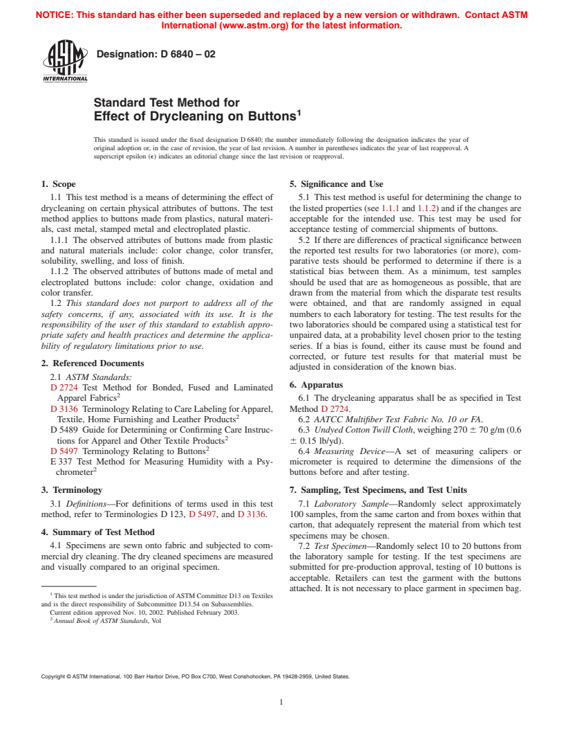 ASTM D6840-02 - Standard Test Method for Effect of Drycleaning on Buttons