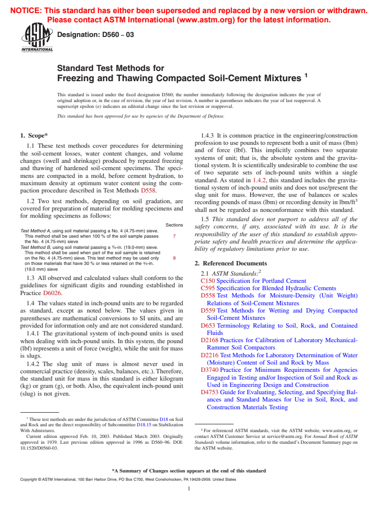 ASTM D560-03 - Standard Test Methods for Freezing and Thawing Compacted Soil-Cement Mixtures (Withdrawn 2012)