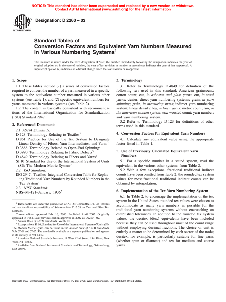 ASTM D2260-03 - Standard Tables of Conversion Factors and Equivalent Yarn Numbers Measured in Various Numbering Systems