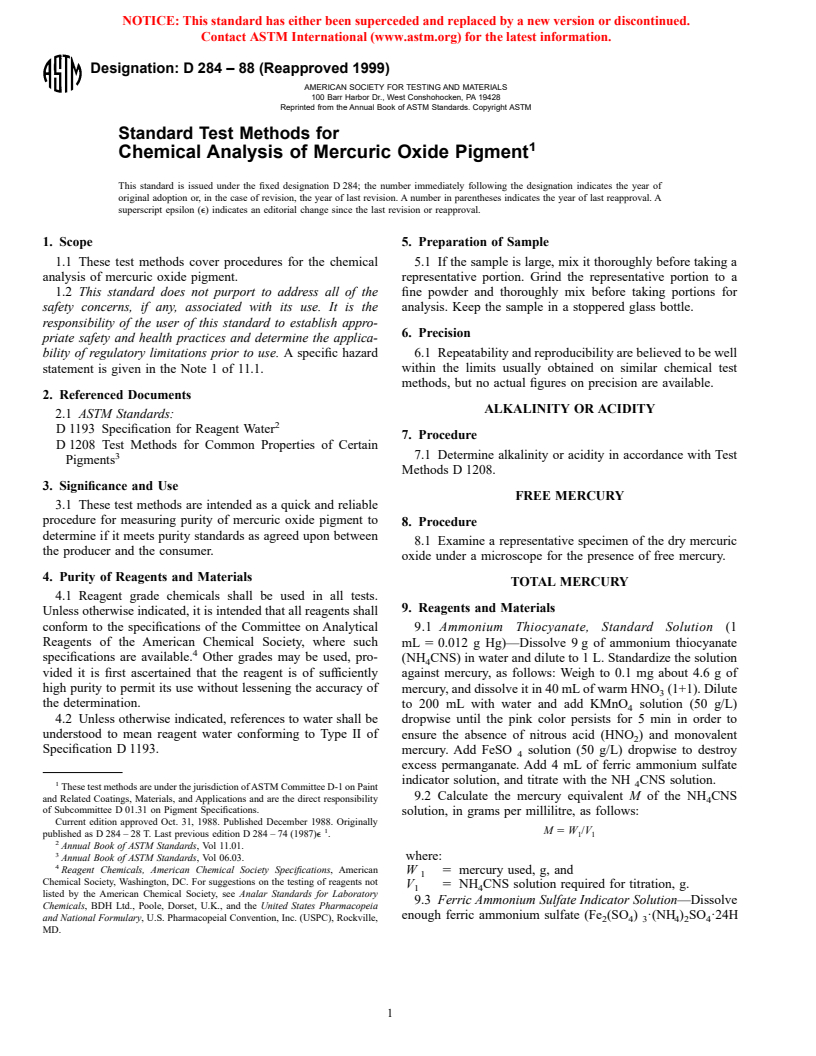 ASTM D284-88(1999) - Standard Test Methods for Chemical Analysis of Mercuric Oxide Pigment (Withdrawn 2003)