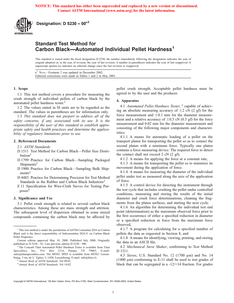 ASTM D5230-00e2 - Standard Test Method for Carbon Black&#8212;Automated Individual Pellet Hardness