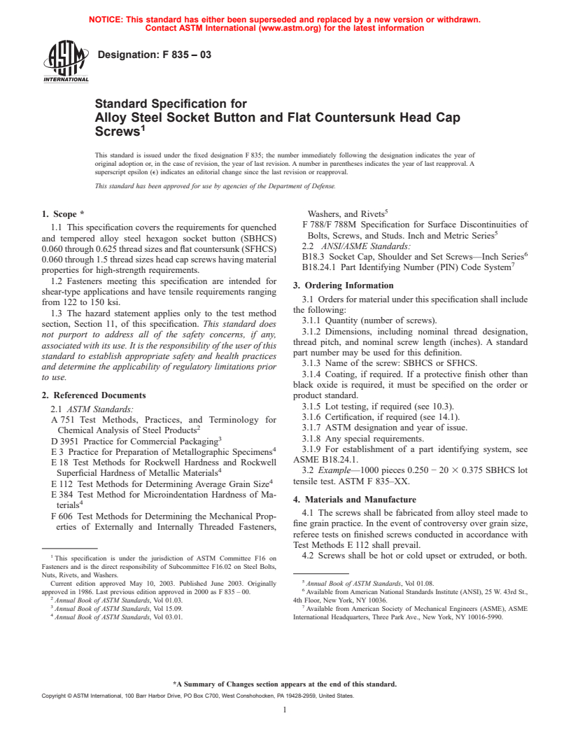 ASTM F835-03 - Standard Specification for Alloy Steel Socket Button and Flat Countersunk Head Cap Screws