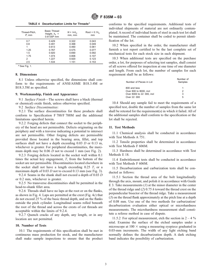 ASTM F835M-03 - Standard Specification for Alloy Steel Socket Button and Flat Countersunk Head Cap Screws [Metric]