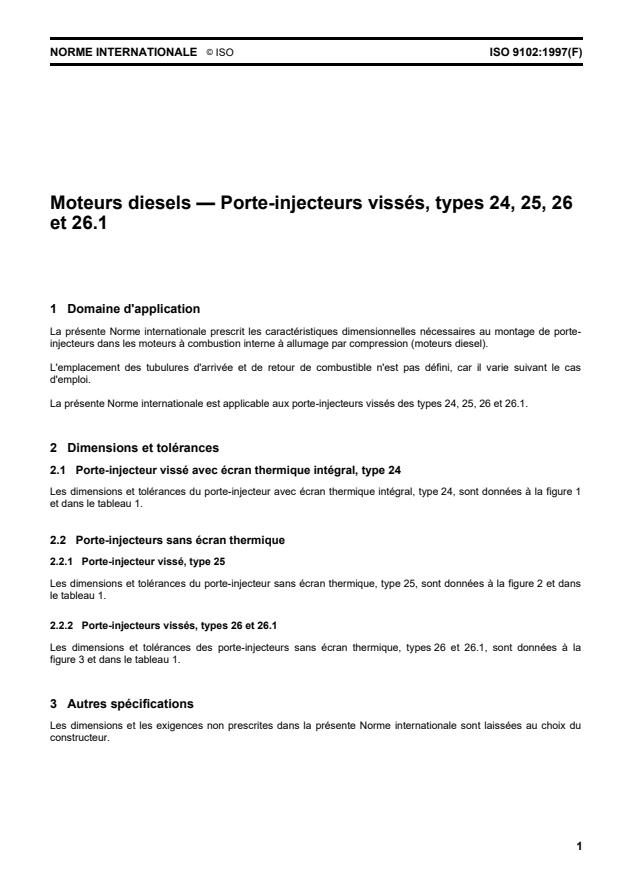 ISO 9102:1997 - Moteurs diesels -- Porte-injecteurs vissés, types 24, 25, 26 et 26.1