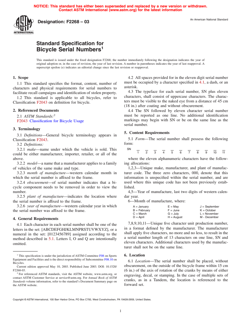 ASTM F2268-03 - Standard Specification for Bicycle Serial Numbers