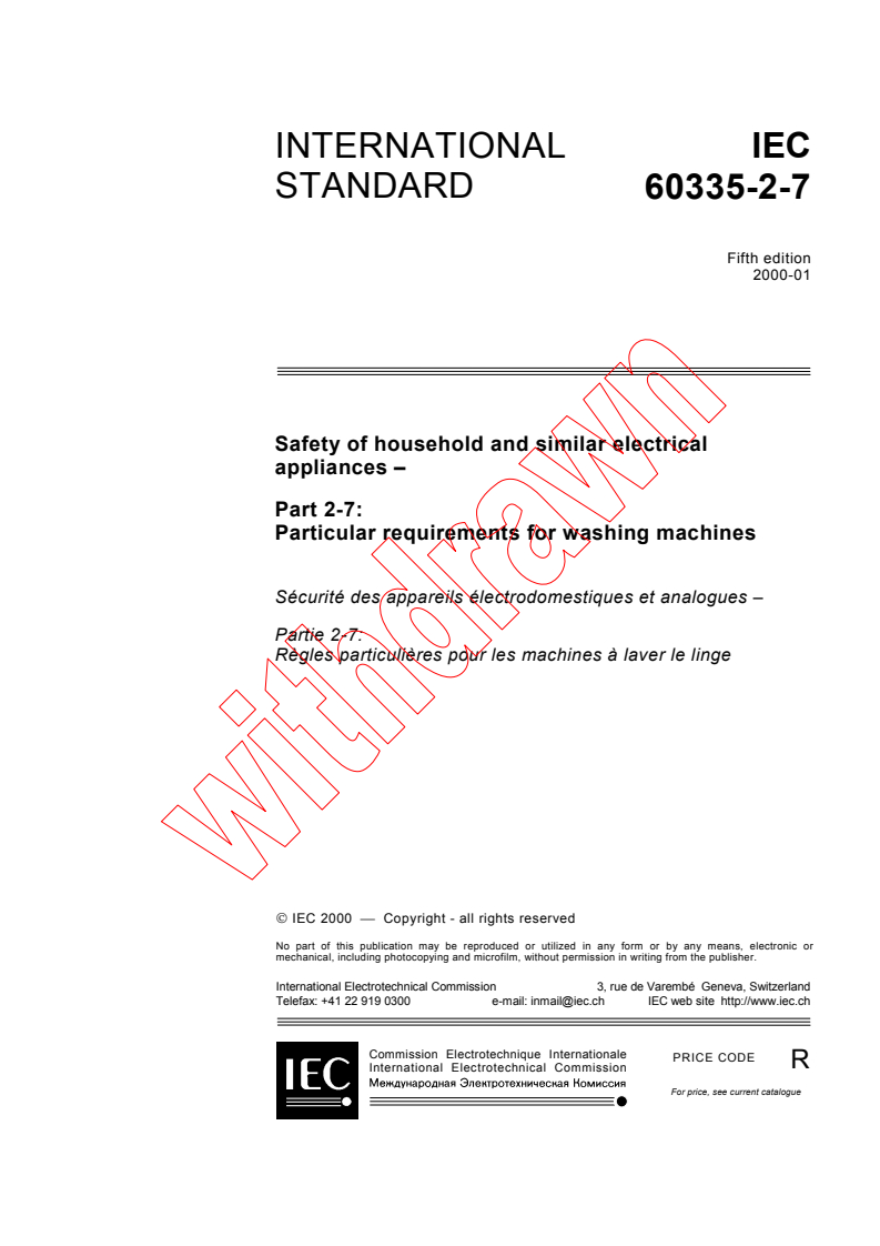 IEC 60335-2-7:2000 - Safety of household and similar electrical appliances - Part 2-7: Particular requirements for washing machines
Released:1/31/2000
Isbn:2831851203