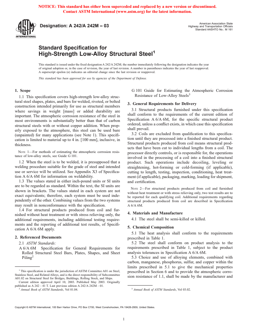 ASTM A242/A242M-03 - Standard Specification for High-Strength Low-Alloy Structural Steel