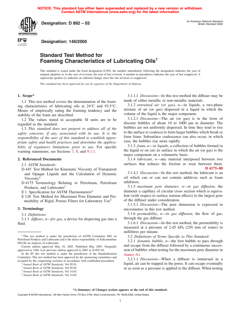 ASTM D892-03 - Standard Test Method for Foaming Characteristics of Lubricating Oils