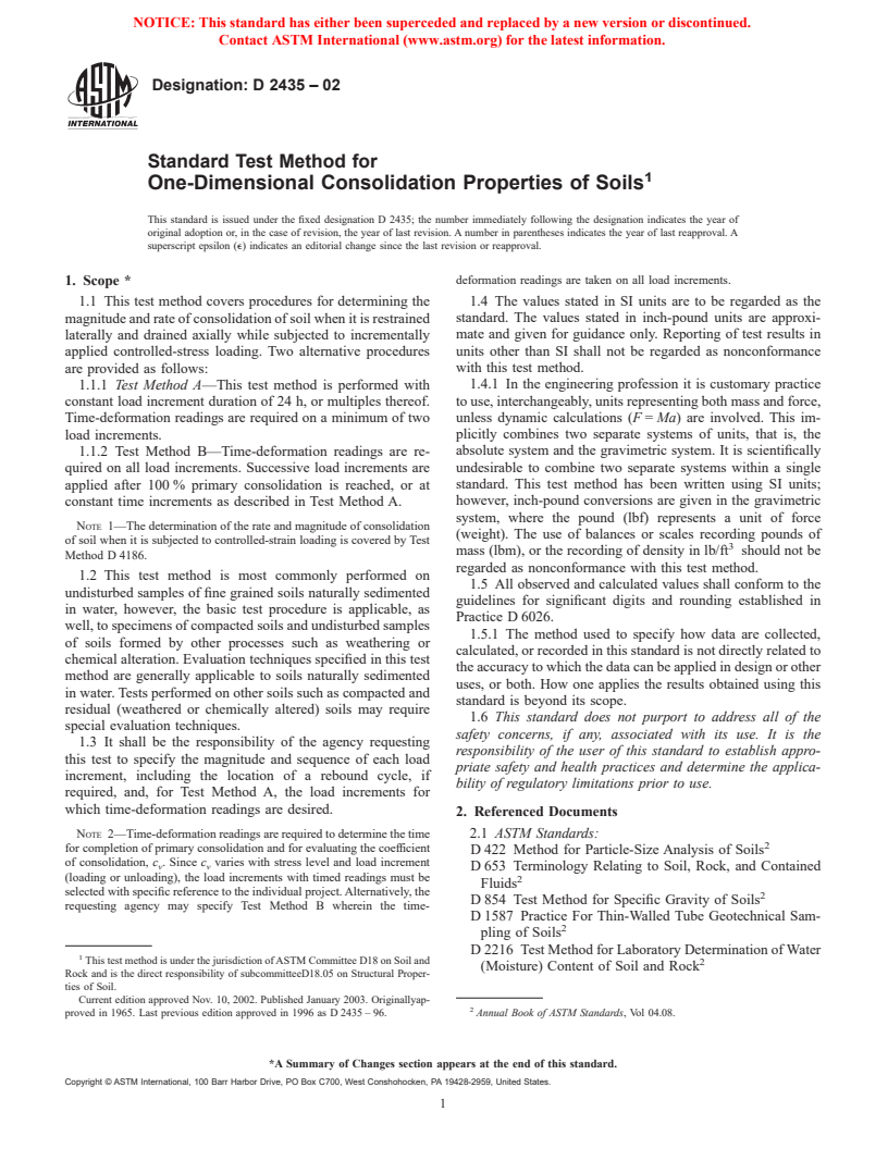 ASTM D2435-02 - Standard Test Method for One-Dimensional Consolidation Properties of Soils