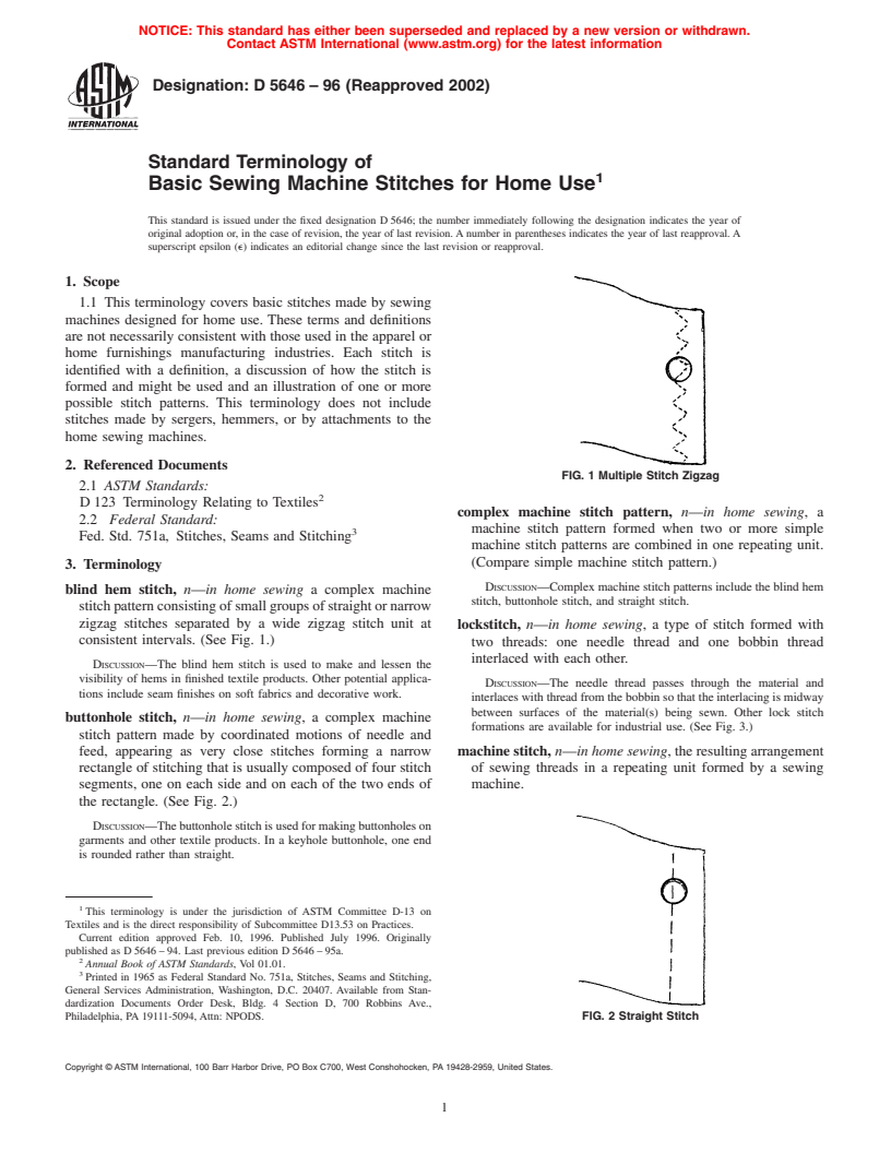 ASTM D5646-96(2002) - Standard Terminology of Basic Sewing Machine Stitches for Home Use