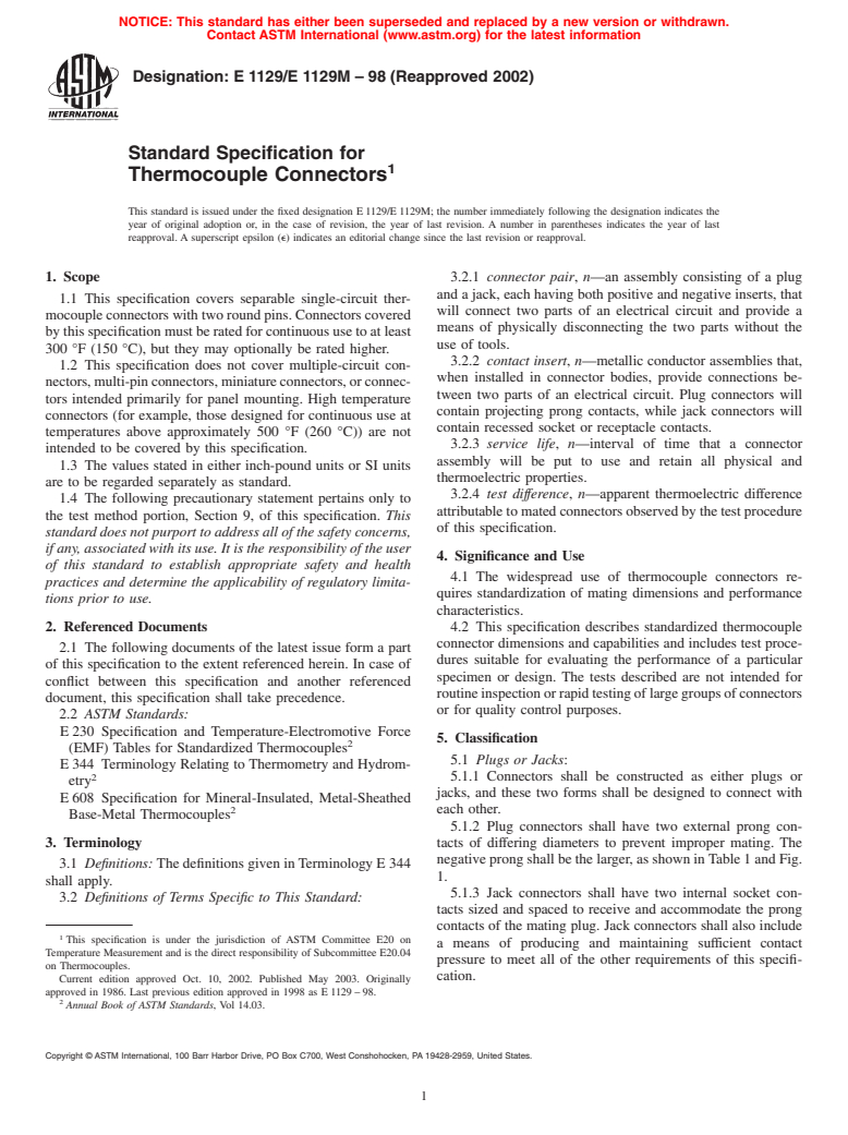 ASTM E1129/E1129M-98(2002) - Standard Specification for Thermocouple Connectors