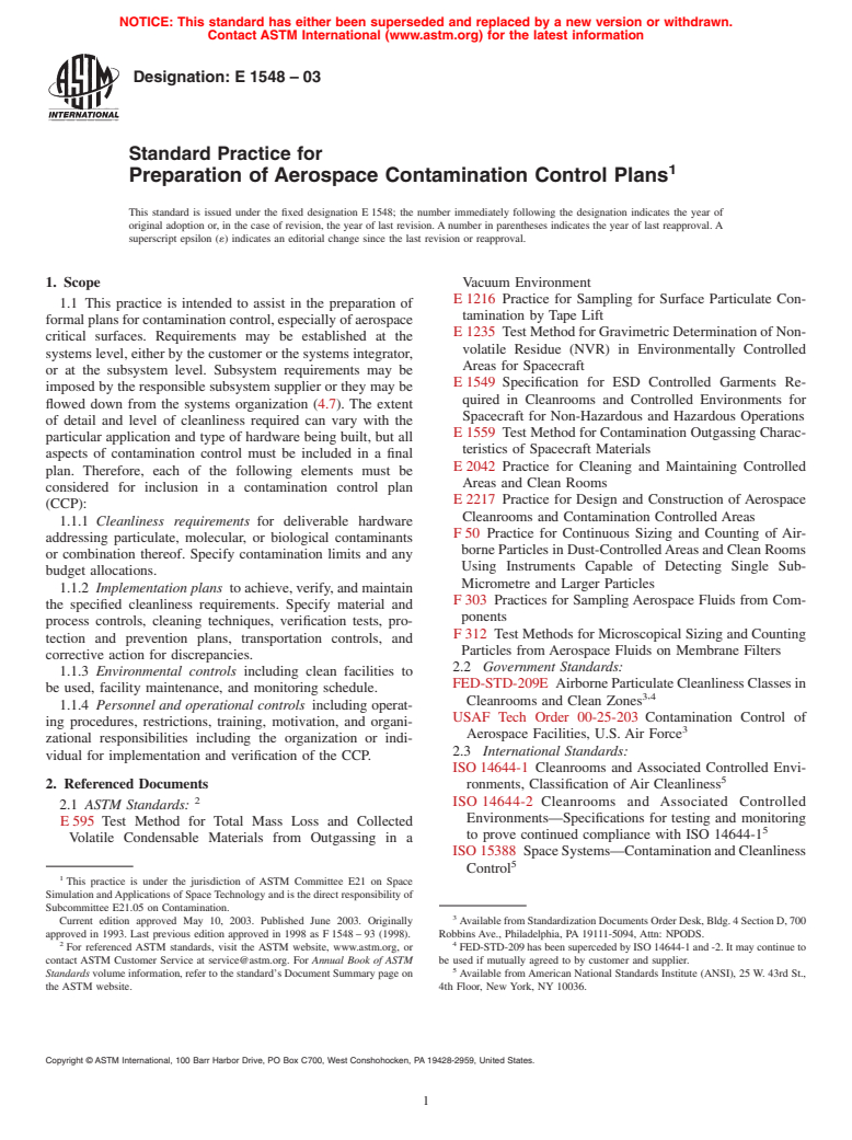 ASTM E1548-03 - Standard Practice for Preparation of Aerospace Contamination Control Plans