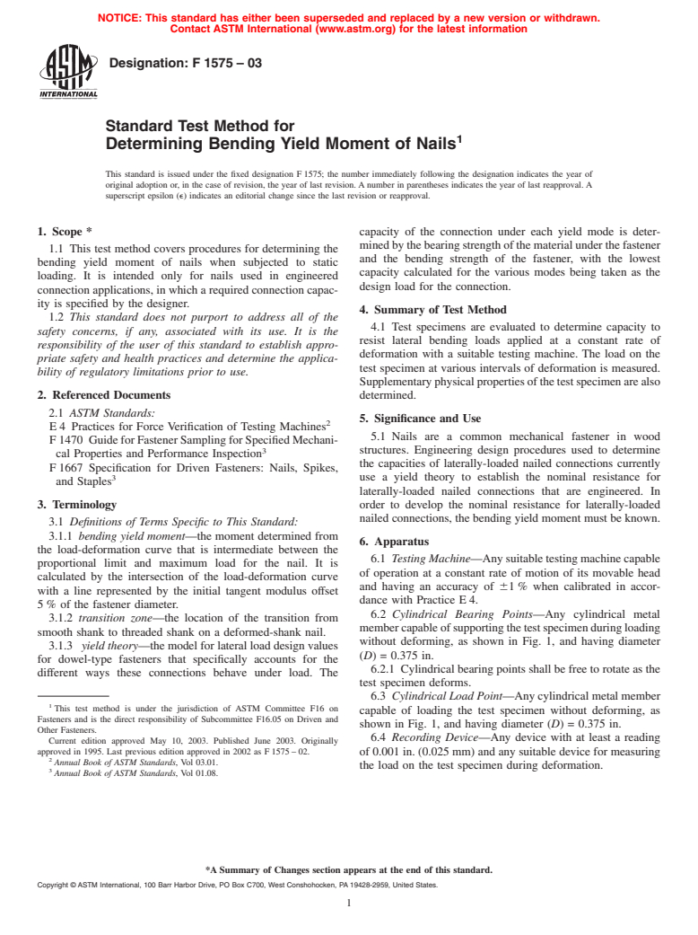 ASTM F1575-03 - Standard Test Method for Determining Bending Yield Moment of Nails