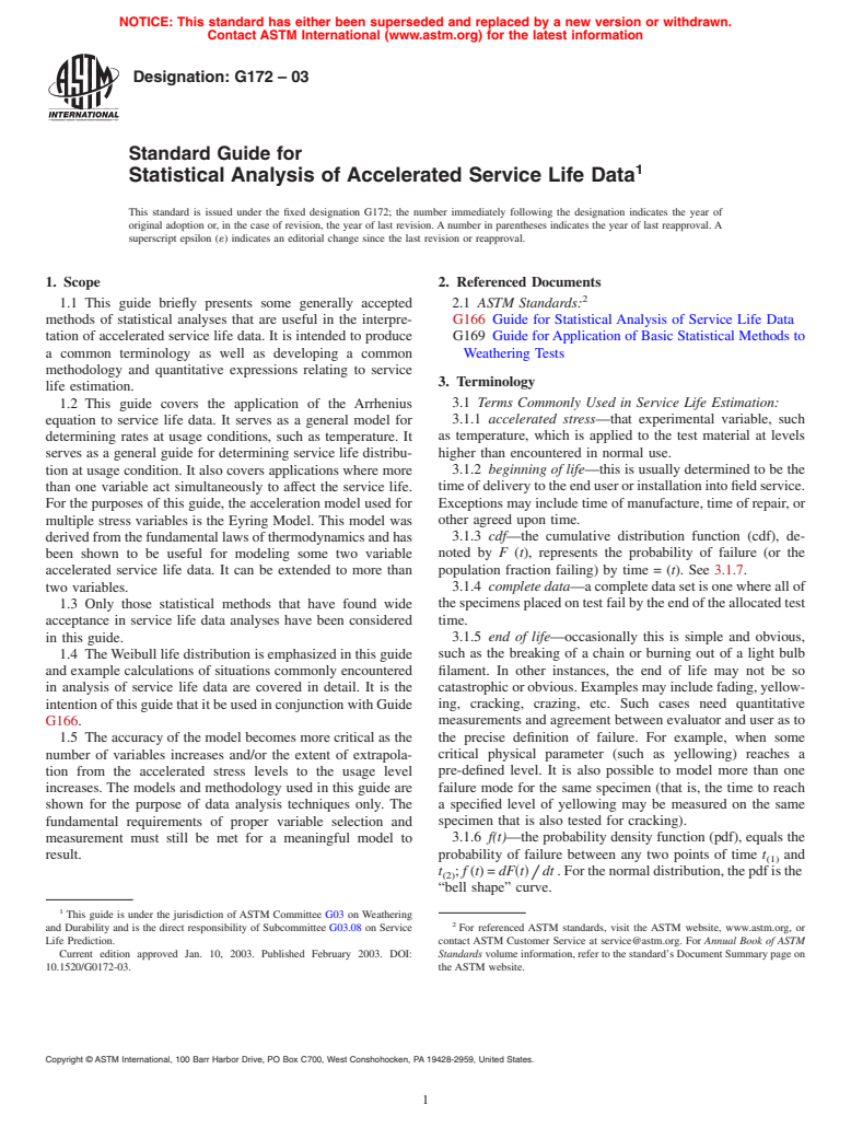 ASTM G172-03 - Standard Guide for Statistical Analysis of Accelerated Service Life Data