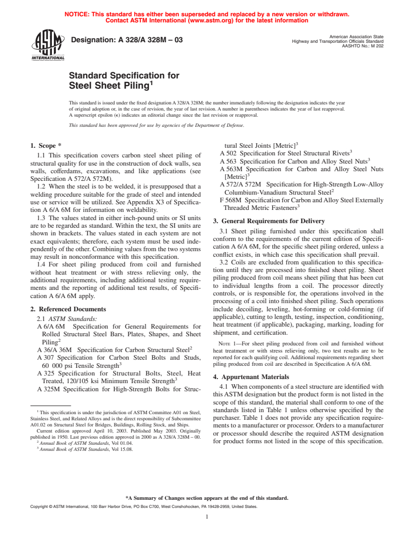 ASTM A328/A328M-03 - Standard Specification for Steel Sheet Piling