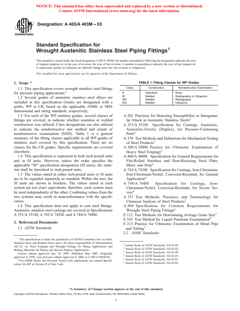 ASTM A403/A403M-03 - Standard Specification for Wrought Austenitic Stainless Steel Piping Fittings