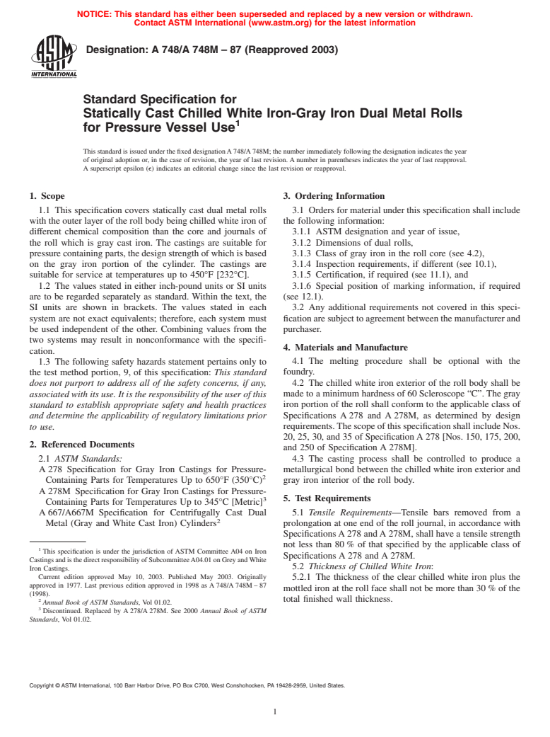 ASTM A748/A748M-87(2003) - Standard Specification for Statically Cast Chilled White Iron-Gray Iron Dual Metal Rolls for Pressure Vessel Use