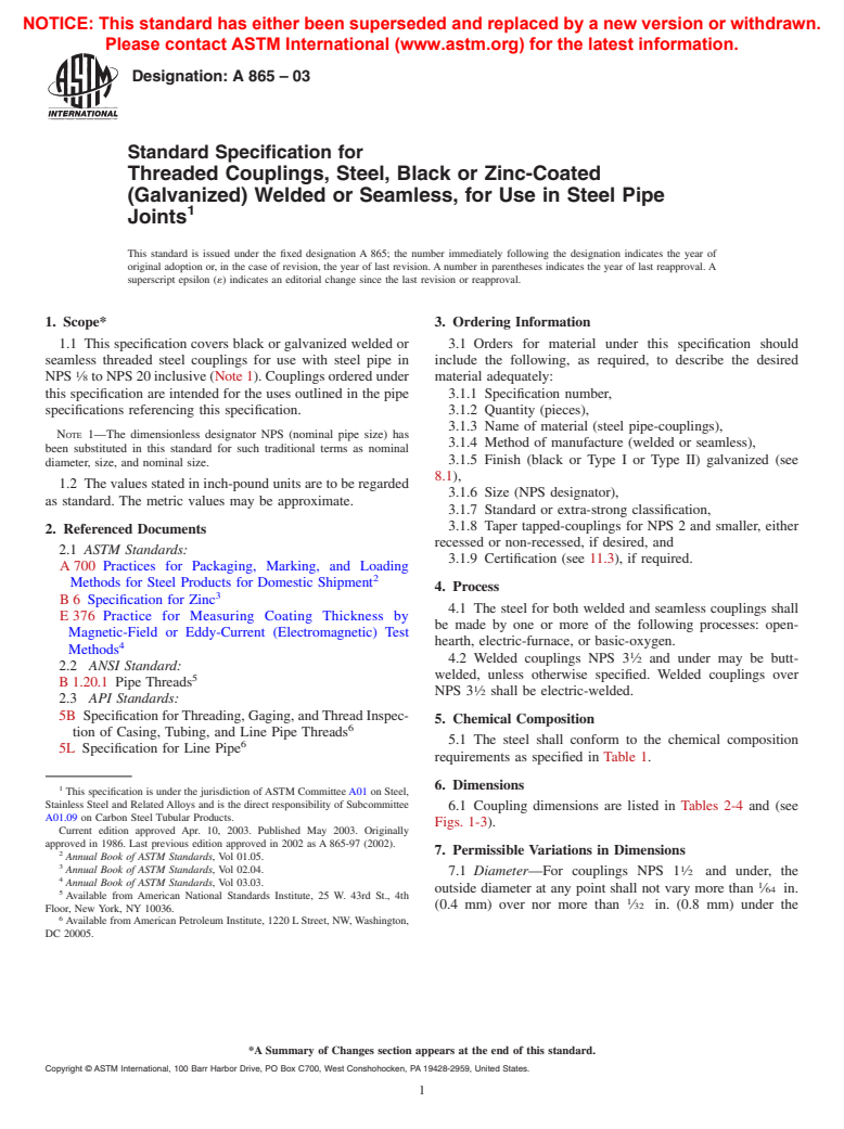 ASTM A865-03 - Standard Specification for Threaded Couplings, Steel, Black or Zinc-Coated (Galvanized) Welded or Seamless, for Use in Steel Pipe Joints