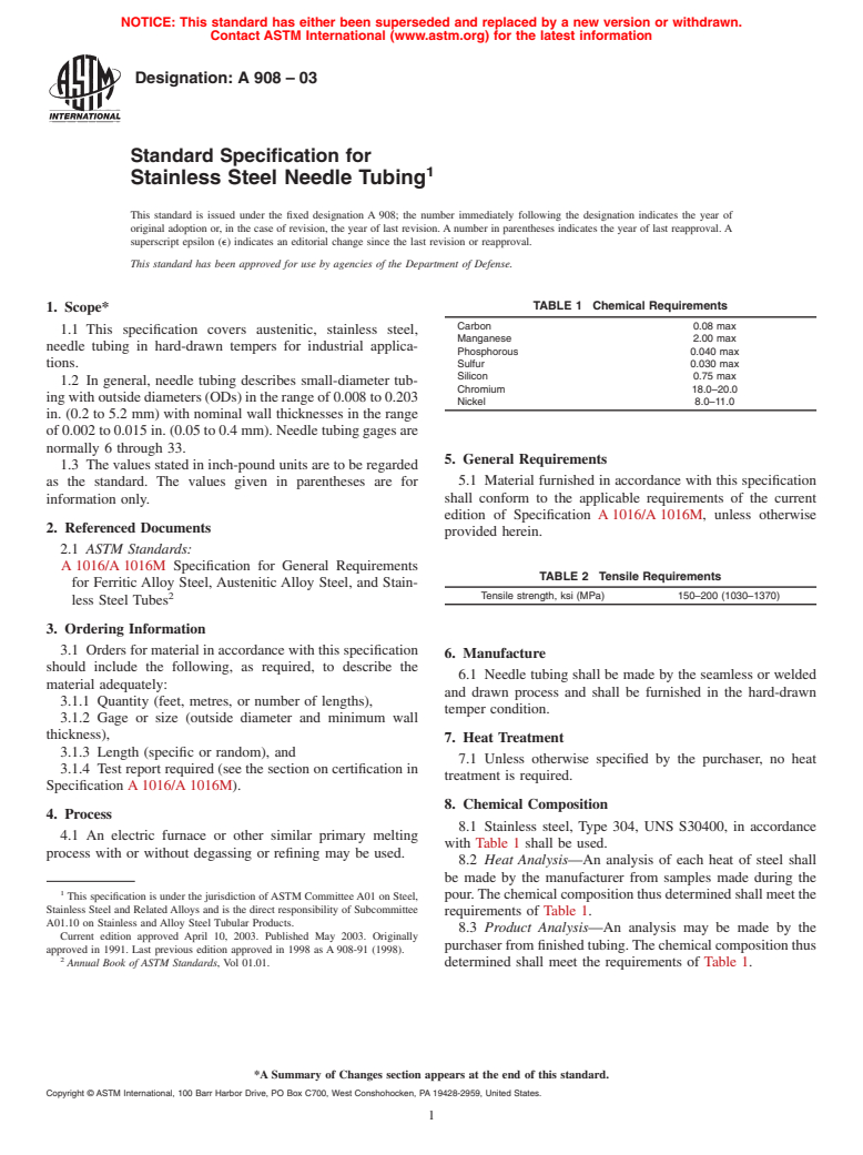 ASTM A908-03 - Standard Specification for Stainless Steel Needle Tubing